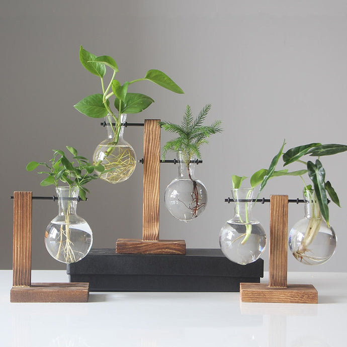 Nordic Simple Hydroponic Plant Vases Vintage Flower Pot Transparent Vase Wooden Frame Glass Tabletop Plants Home Bonsai Decor